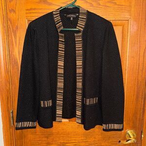 Ming Wang Women's Black Cardigan size medium jacket brown stripe detail